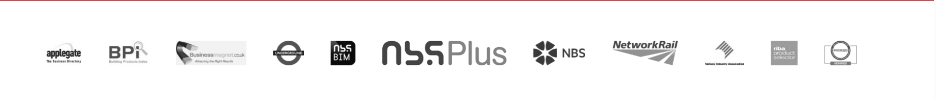 Applegate, BPi, Businessmagnet, London Underground, NBS BIM, NBS Plus, NBS, Network Rail, Railway Industry Association, RIBA Product Selector, and RISQS emblems
